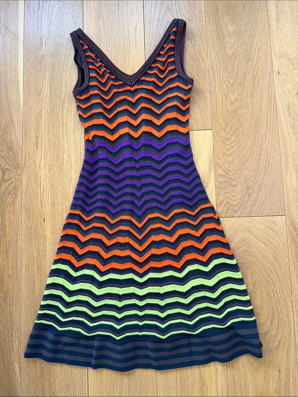 Sleeveless Lined Chevron Cotton Knit Dress in Orange, Purple and Lime